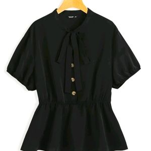 Plus Tie Neck Button Front Peplum Blouse